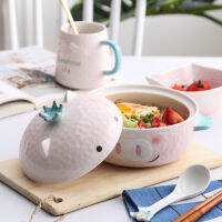 Ceramic Rice Bowl With Two Handle Pink Little Pig Noodle Bowl Hot Proof For Children Salad Tray Tableware Cute Animal Series 1pc