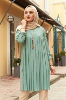 Pleated Modest Blouse Shirt Tops for Muslim Women Islamic Plain Blouses Elegant Ladies Summer Short Dress Femme Islam Clothing