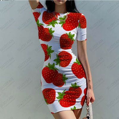 2023 Summer New Womens Dress 3D Printed Fruit Strawberry Temperament Sexy Hawaiian Style Womens Tight Round Neck Short Sleeve