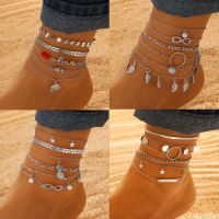 Bohemian Anklet Set For Women Leaves Pineapple Rose Geometric Charm Ankle Bracelet Metal Chain Boho Summer Beach Jewelry Gifts