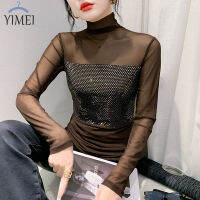 YIMEI เสื้อตัวในแฟชั่นปักเลื่อม2023แขนยาวแบบใหม่ในฤดูใบไม้ร่วง,เสื้อยืดตาข่ายสวยงามเสื้อคอสูงครึ่งไซส์ใหญ่พิเศษ