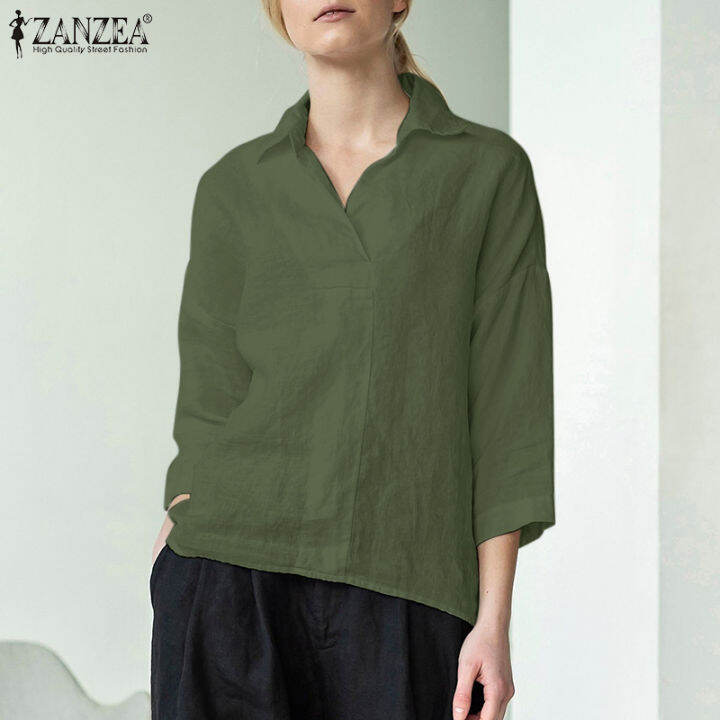 เคลียร์สต๊อกขาย-จัดส่งฟรี-fancystyle-zanzea-เสื้อฝ้ายลินินฤดูร้อนแขน3-4ปกขนาดใหญ่เสื้อออฟฟิศ-15