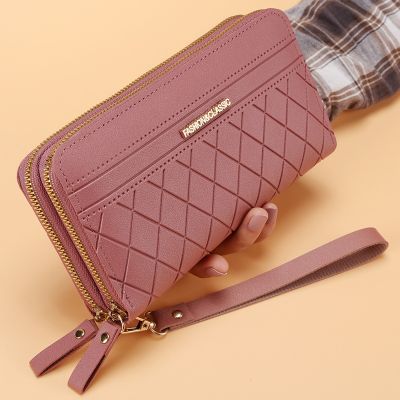 Womens Wallets Diamond Pattern Big-capacity Korean Version Card Holders Double Zippers Money Clip Coin Purses Multi-card Phone