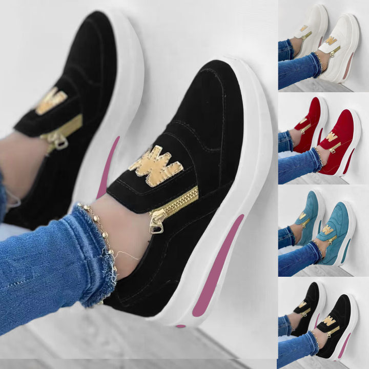 Cheap New Women Flat Shoes Thick Bottom Flock Shallow Casual Shoe Ladies  Zipper Slip On Solid Color Loafer Plus Szie Footwear | Joom