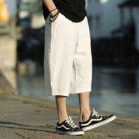 Hot sell M-5XL Wide Leg Linen Drawstring Pants Elastic Waist Three Quarter Linen Trousers Mens Summer Loose Fit Casual Pants XXXXXL