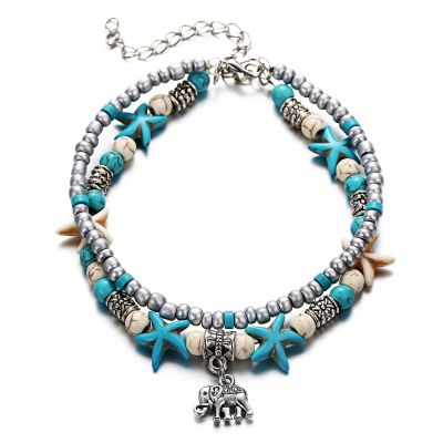 LE SKY New Fashion Beach Jewelry Double Layer Elephant Pendant Beads Anklet Foot Chain Ankle Bracelet Jewelry For Women