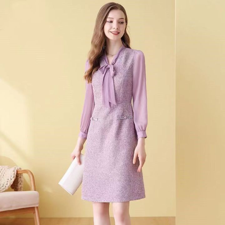 top-สีม่วง-tweed-little-fragrant-ชุด2022ฤดูใบไม้ร่วงใหม่ขนาดใหญ่-lady-temperament-neckline-ชุดแฟชั่นอายุลด-a-line-ชุดสำคัญโอกาส-dress
