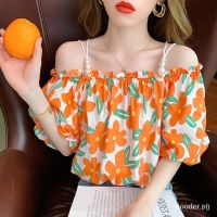 COD DSFERTRETRE Womens French-Style off-Shoulder Chiffon Shirt with Short Sleeves2021Summer New Design Sense Niche Bubble Sleeve Sling Top