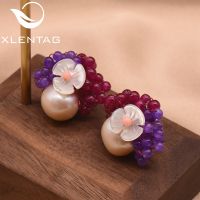 XlentAg Freshwater Pearl Shell Flower Natural Purple Red Stone Earrings For Women 925 Sterling Silver Big Stud Earrings GE0017A