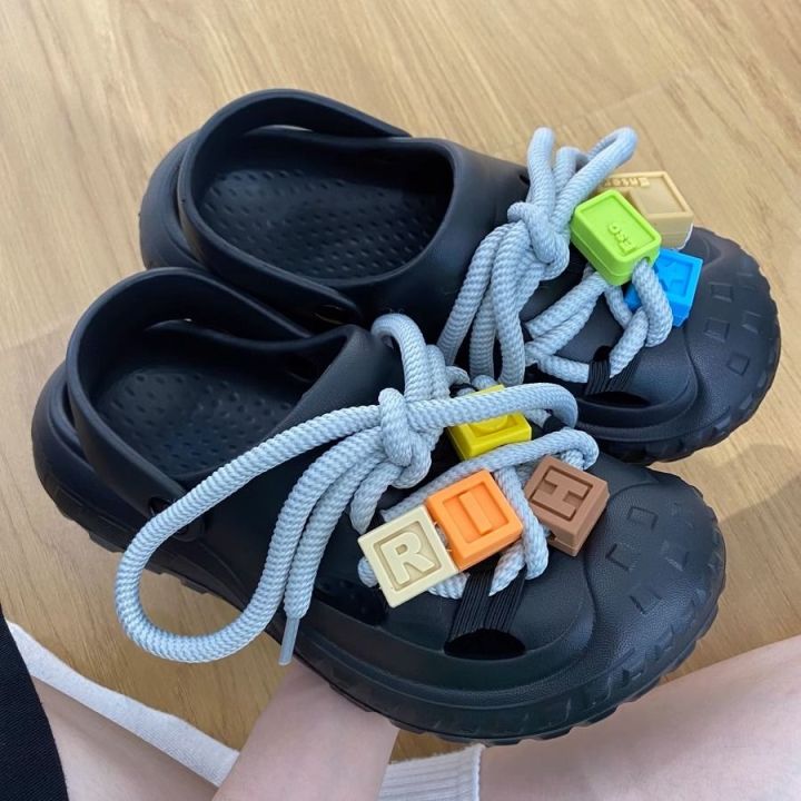 2023-new-fashion-version-minority-design-baotou-hole-shoes-for-men-and-women-summer-lace-up-thick-bottom-heightened-outerwear-beach-two-wear-couple-sandals-and-slippers
