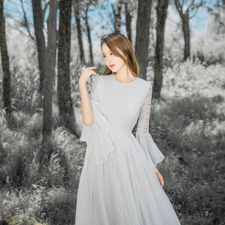 HCM]Đầm maxi trắng dạ hội tay loe tùng xòe rộng chụp hình cưới ...