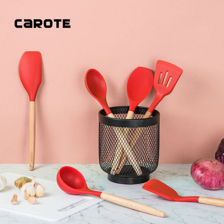 Carote Wooden Handle Silicone Kitchen Utensils Turner/ Ladle /Spoon  /Slotted Turner Food Grade Silicone Suitable For Non Stick Cookware【1PC】