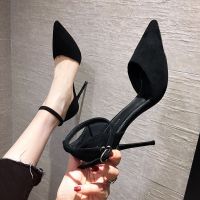 2023 Summer New Black High Heel Shoes Sandals French Girl Pointed Toe Womens Single Shoes Stiletto Buckle Shallow Women Pumps