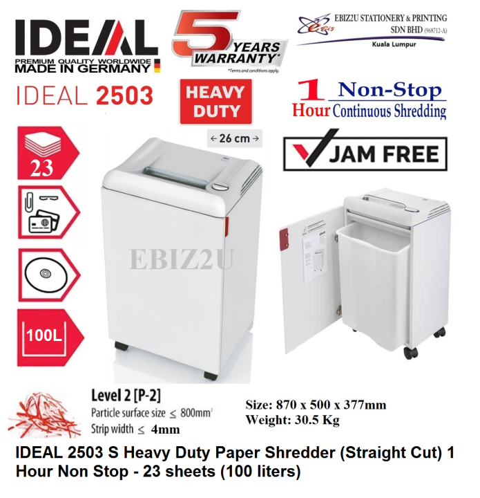 Ideal 2503 S Heavy Duty Paper Shredder Straight Cut 1 Hour Non Stop