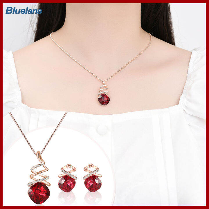 bluelans-1ชุดสร้อยสตรีรูปทรงเรขาคณิตลูกบาศก์-zirconia-บิดสง่างามสีแดงตาราง-rhinestone-กระดุมติดหน้าอกฝังเลี่ยมชุดเครื่องประดับแฟชั่น