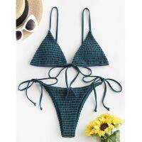 [Ladymiss] Women Push Up High Cut Lace Up Smocked String Bikini Set Two Piece Swimsuit