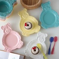 Cartoon Bear Dessert Plate Bowls Cute Ceramic Dinner Dishes Korean Ins Bear Dessert Flat Soup Bowl Breakfast Salad Tray