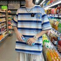 [COD] Striped short-sleeved t-shirt mens summer loose Korean student half-sleeved top style ins casual five-point sleeve T-shirt