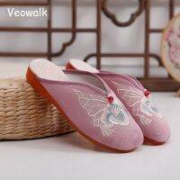 Veowalk รองเท้าแตะผู้หญิงผ้าฝ้ายแจ็คการ์ดสบายนิ่ม,ปิดนิ้วเท้าปักลายฤดูร้อนฤดูร้อนรองเท้าผู้ชายยี่ห้อ PLAYBOY สีชมพูแดง