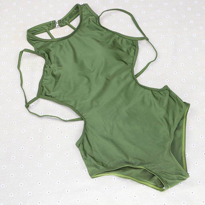 solid green patchwork girls one piece low waist wire free women
