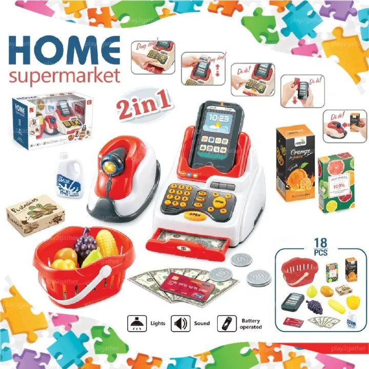 Home Supermarket 2in1 Play Set 18 pcs Pretend Play Set With Light Sound ...