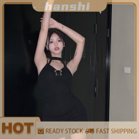 hanshi [2023 new HOT FASHION] lazlook มินิเดรสสีดำของผู้หญิงสายคล้องคอเปิดหลังเซ็กซี่สะโพกฤดูร้อน