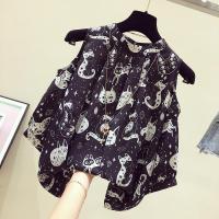 Woherb 2021 Plus Size S-4XL Chiffon Blouse Women Casual Loose Shot Sleeve Tops Shirt Cute Kawaii Cat Print Blusas Mujer