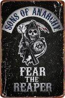 Sons Of Anarchy Fear The Reaper ป้ายโลหะดีบุก-โปสเตอร์โล่วินเทจสำหรับบ้านฟาร์มและร้านกาแฟตกแต่งผนัง