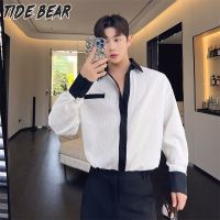 TIDE BEAR เสื้อแขนยาวชายเทรนด์กลิ่นหอมขนาดเล็กเสื้อเชิ้ตผู้ชายสีดำและสีขาวตาข่ายสีแดงเสื้อเชิ้ตสีตัดกันอารมณ์แขนยาวแบบลำลองระดับไฮเอนด์เสื้อสุดหล่อ