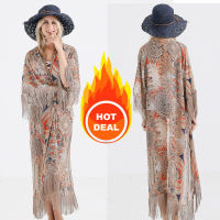 2021 Retro Printed Half Sleeve Chiffon Cardigan Kimono Boho Fringed Tassels Bikini Cover Up Ankle Length Cape Beach Swimsuit