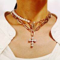 ◈☬▨ Delysia King Women Inlaid with Artificial Pearl Cross Pendants Originality Seal Vintage Sweater Necklace