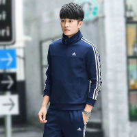 Adidase∮ ชุดกีฬาสำหรับผู้ชายฤดูใบไม้ผลิและฤดูใบไม้ร่วงสบายๆสองชิ้นแขนยาวชุดยืนปกเสื้อผ้าวิ่ง