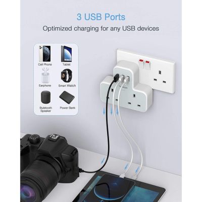 TESSAN TS221 2 Way Extension Plug Power Socket With 3 USB Port Output 3A Fast Charging Adaport Wall Socket Extension Plug 13A UK 3 Pin Extension Power Socket （Gray-White）
