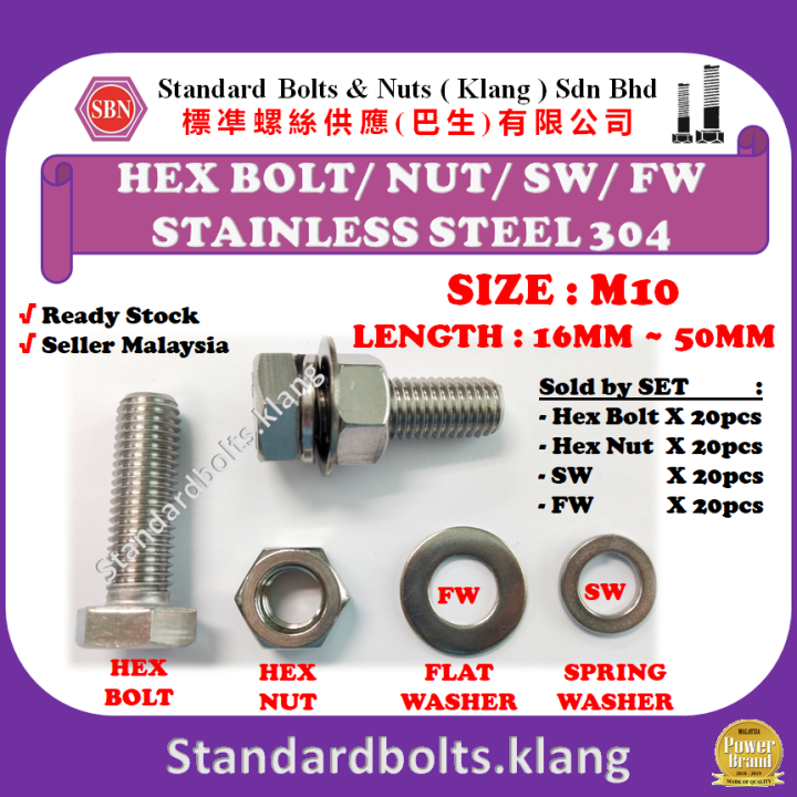 20set Per Pack Size M10 Stainless Steel 304 Hex Bolt Nut