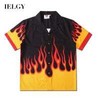 IELGY เสื้อแขนสั้นผู้ชาย,เสื้อชุดลำลองหลวมๆแบบพิมพ์ลายเปลวไฟสำหรับคู่รัก