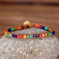 7 Chakra beads celet Multi Color Natural Stone Square Beads Leather Wrap celet Lovers celets Gifts Jewelry Dropshiping