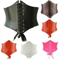 【cw】 Hot Women 39;s ultrawide belt Faux Leather Elastic corsetFront Tie up Waist beltClothes Decoration