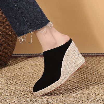 End of the spring and autumn period and the new point thick wedge heel baotou drag womens shoes after the bottom of the empty straw rope