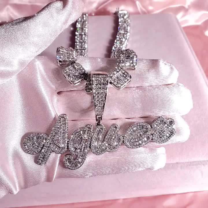 Custom Brush Cursive Iced Out nama surat loket kalung perkataan dengan ...