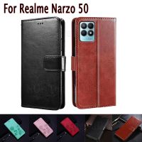 [Electronic film] กรณี C Oque สำหรับ Realme Narzo 50 4กรัมปกพลิกบัตรแม่เหล็กกระเป๋าสตางค์หนังป้องกันโทรศัพท์ Etui หนังสือ Narzo50กระเป๋า