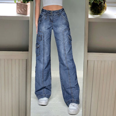 กางเกงยีนส์คาร์โก้90S วินเทจเอวสูงขากว้างกางเกงเดนิมคุณแม่ Y2K กระเป๋าแฟชั่นผู้หญิงกางเกงขายาวขนาดใหญ่สไตล์ฮาราจูกุ