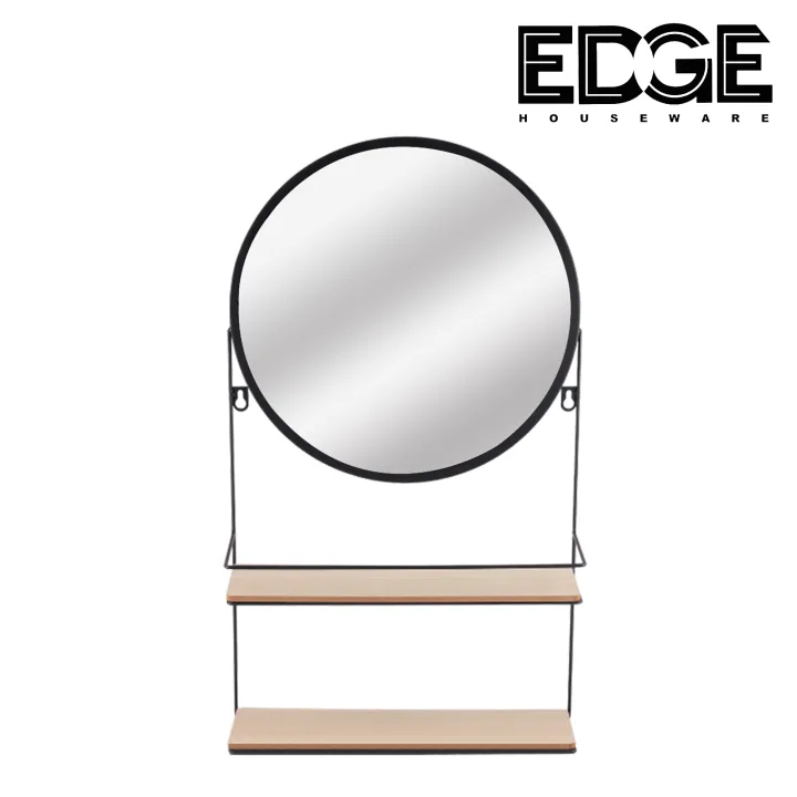 Edge Black Bathroom Mirror with 2 layers wooden Shelves, Large Accent