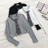 [COD] College style neck tie knitted sweater women 2021 autumn new Korean short slim long-sleeved top