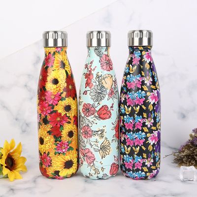 ♟✎♂  New 304 stainless steel insulation cup outdoor sports flower system big belly European and mouth double-layer cola bottle water