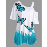 2023 Summer Off One Shoulder Women Loose T-Shirt Long Sleeve Butterfly Print Irragular T Shirt Top Female Tunic Tee