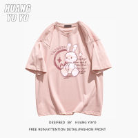 HUANGYOYO เสื้อยืดผ้าฝ้ายแขนสั้นพิมพ์ลายการ์ตูนกระต่าย100% สวยงามสำหรับผู้หญิง