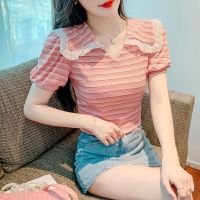 COD dsdgfhgfsdsss {Ready Stock Fast Shipping}❤️‍Korean Womens Summer Clothing Design Tops Striped T-Shirts Women Doll Collar Puff Sleeves Short Hot Girls Large Size