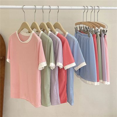 2023 Summer Ladies Cotton Loose Pajamas Set Women Solid Color Sleepwear Home Suits Short Sleeve Lounge Wear For Women Sets