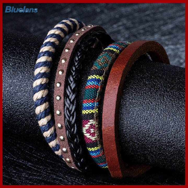 bluelans-4ชิ้น-เซ็ต-unisex-multi-layer-หนังเทียมถักเครื่องประดับสร้อยข้อมือกำไลของขวัญ