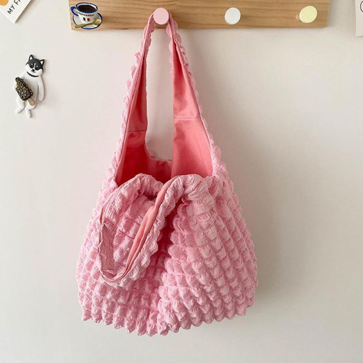 therye-สำหรับสาวชายหาดฤดูร้อนญี่ปุ่นสีทึบถุงช้อปปิ้งผู้หญิงกระเป๋าสะพายไหล่จีบกระเป๋าเอกสารแบบถือ